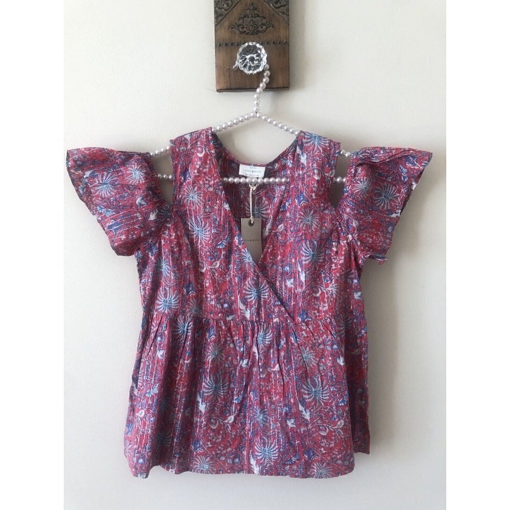 NWT Lucky Brand Womens Size S Pink Blue Floral Cold Shoulder Top Metallic Thread